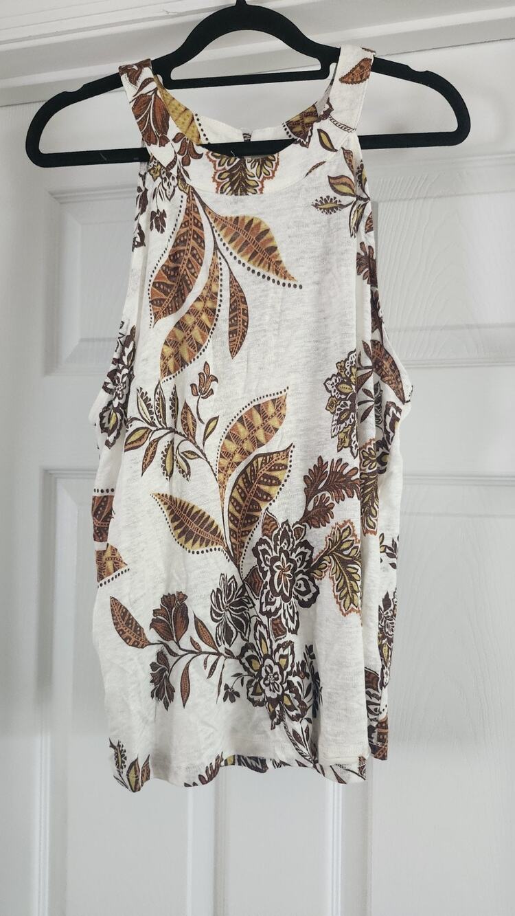 Cynthia Rowley 100% Linen Halter Tank Top XL Floral Leaf Print Neutral Wt27